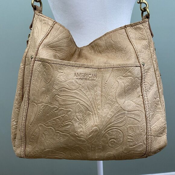 American Leather Co Tooled Leather Shoulder Bag Tan Buttery Soft Medium - Picture 3 of 15